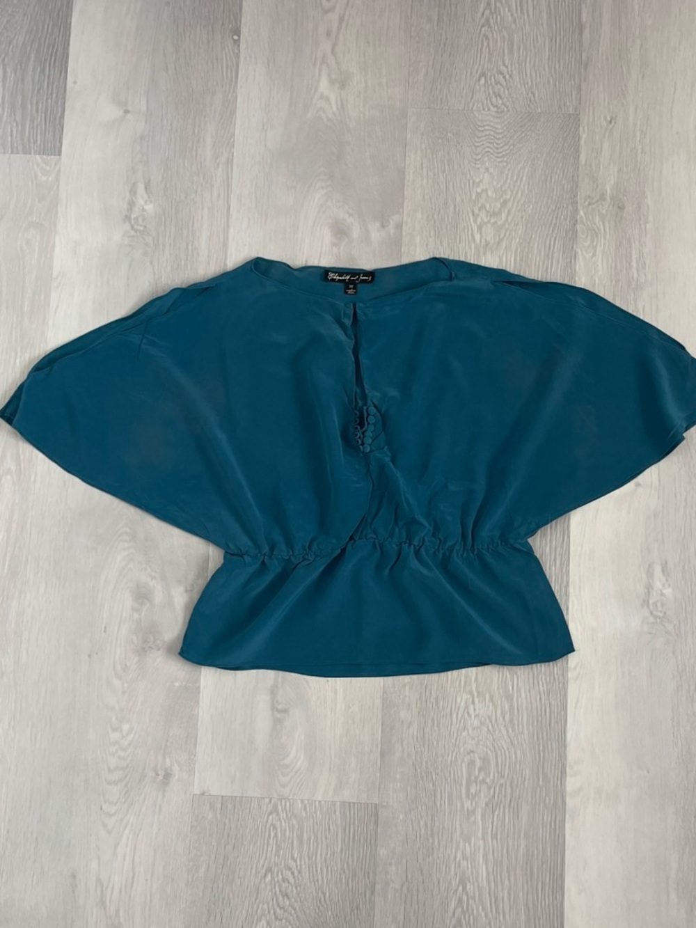 Y2K ELIZABETH AND JAMES SILK BLOUSE BATWING SHORT SLEEVE DOLMAN TEAL BLUE MEDIUM